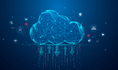 Drawing of a cloud on a blue background with arrows going in and out of the cloud to show the syncing concept.