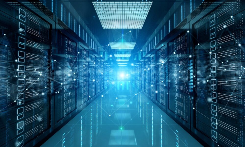 Blue tinted server room with overlay showing connections between the different equipment racks.