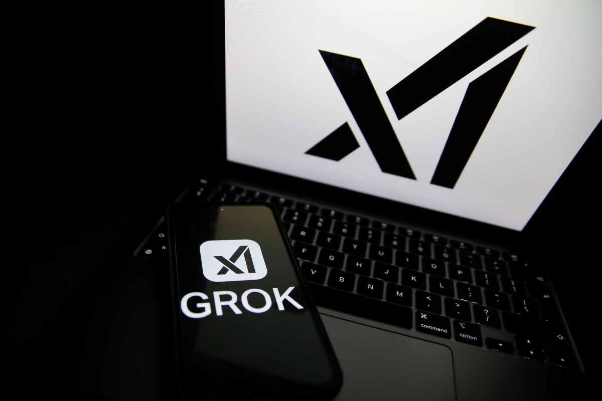The Grok logo appears on a phone and the xAI logo is displayed on a laptop.