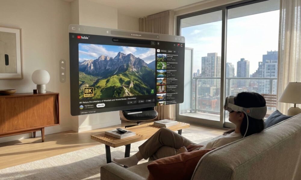 A wide landscape shot of a person relaxing on a minimalist lounge chair in a glass-walled modern home, wearing an Apple Vision Pro while a large, high-definition YouTube interface floats in the air showing a sunset mountain backdrop.