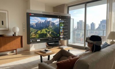 A wide landscape shot of a person relaxing on a minimalist lounge chair in a glass-walled modern home, wearing an Apple Vision Pro while a large, high-definition YouTube interface floats in the air showing a sunset mountain backdrop.