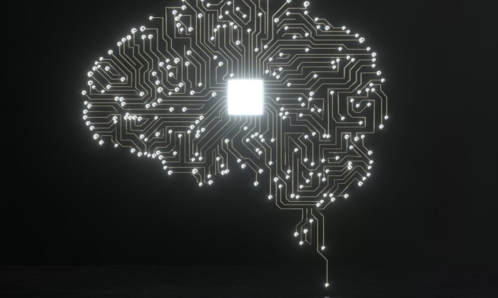 Digital image of artificial intelligence human brain on black background.