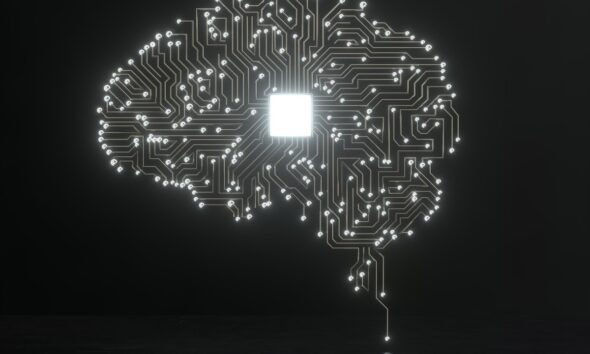 Digital image of artificial intelligence human brain on black background.