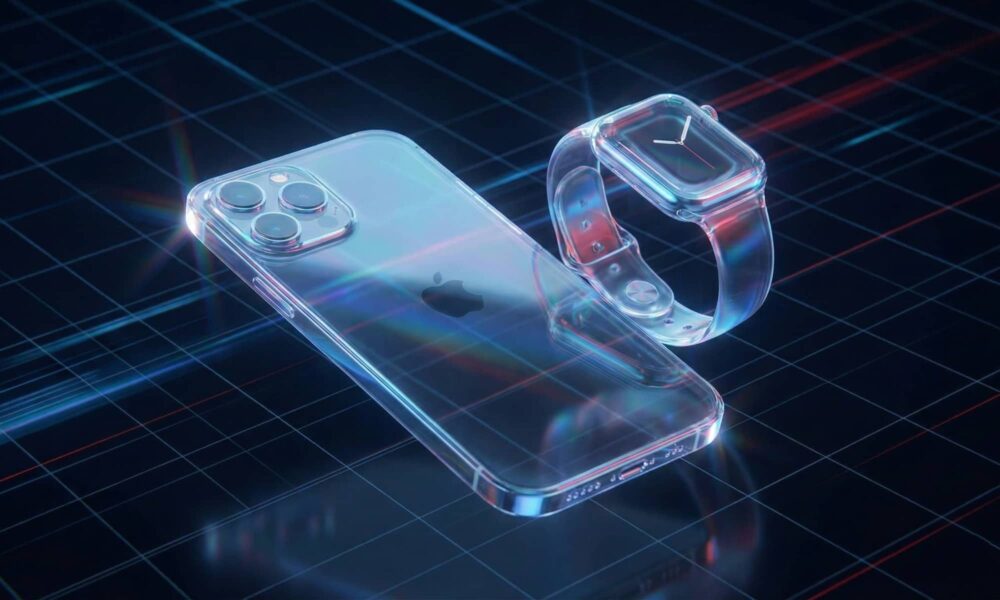 A stylized 3D rendering of an iPhone and Apple Watch glowing with subtle blue and red light refractions against a dark, technical background.