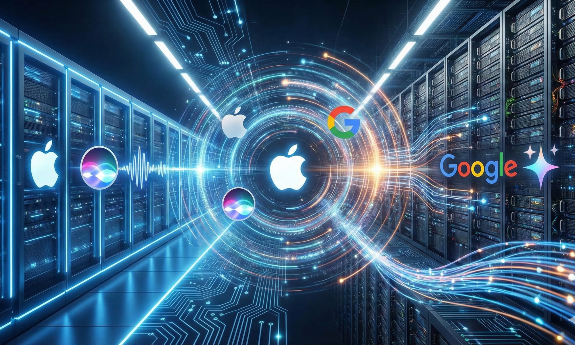 A conceptual illustration of a futuristic data center aisle split between glowing Apple servers on the left and Google servers on the right. A vortex of light trails connects the two infrastructures, featuring spinning logos for Apple, Google, the Siri waveform, and the Gemini sparkle icon in the center.
