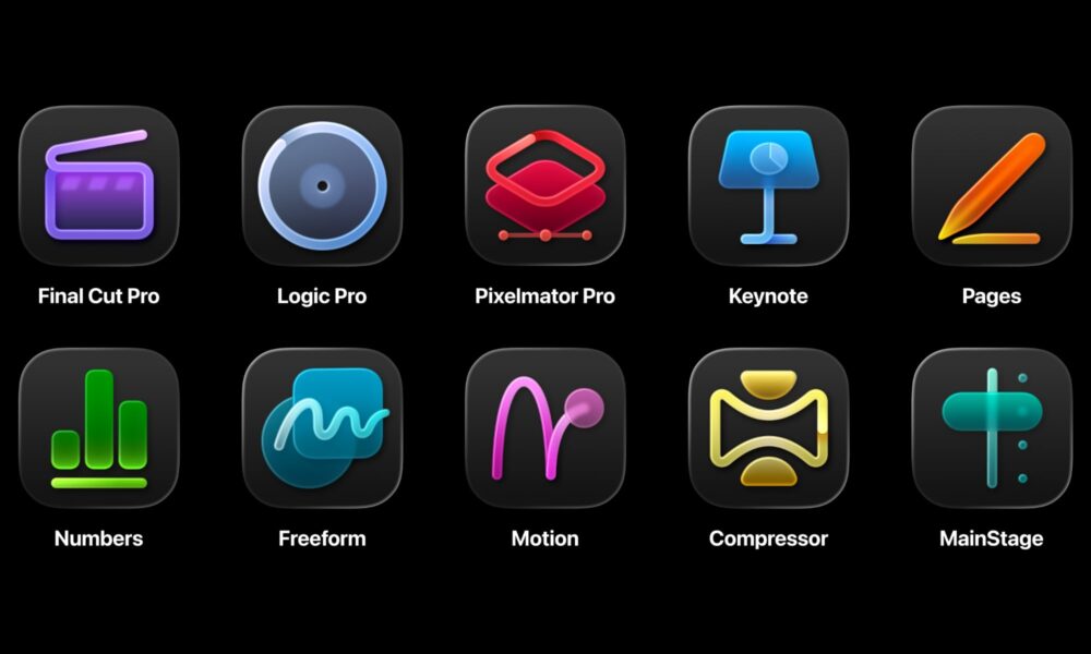 A promotional graphic for Apple Creator Studio showcasing the app icons for Final Cut Pro, Logic Pro, Pixelmator Pro, Motion, Compressor, and MainStage arranged over a vibrant, multi-colored background. The image highlights the comprehensive nature of the creative subscription suite for Mac and iPad.