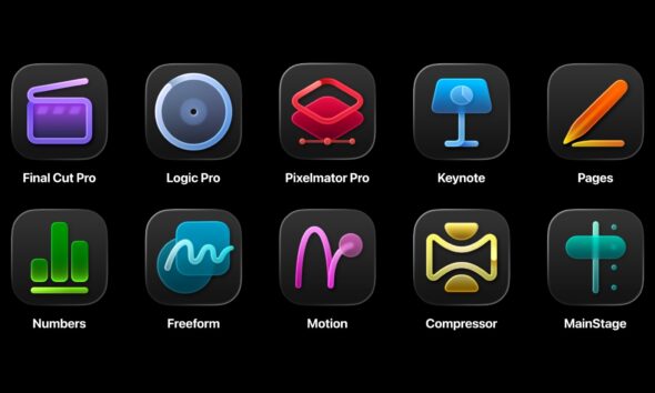 A promotional graphic for Apple Creator Studio showcasing the app icons for Final Cut Pro, Logic Pro, Pixelmator Pro, Motion, Compressor, and MainStage arranged over a vibrant, multi-colored background. The image highlights the comprehensive nature of the creative subscription suite for Mac and iPad.