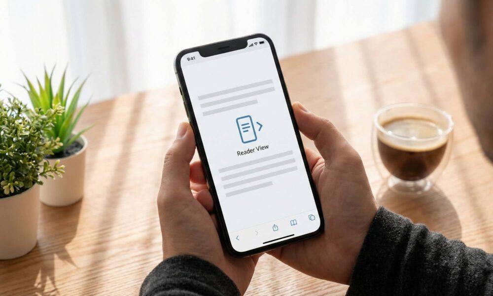 A person holding an iPhone displaying a clean, ad-free Safari web page in a brightly lit, modern home office.