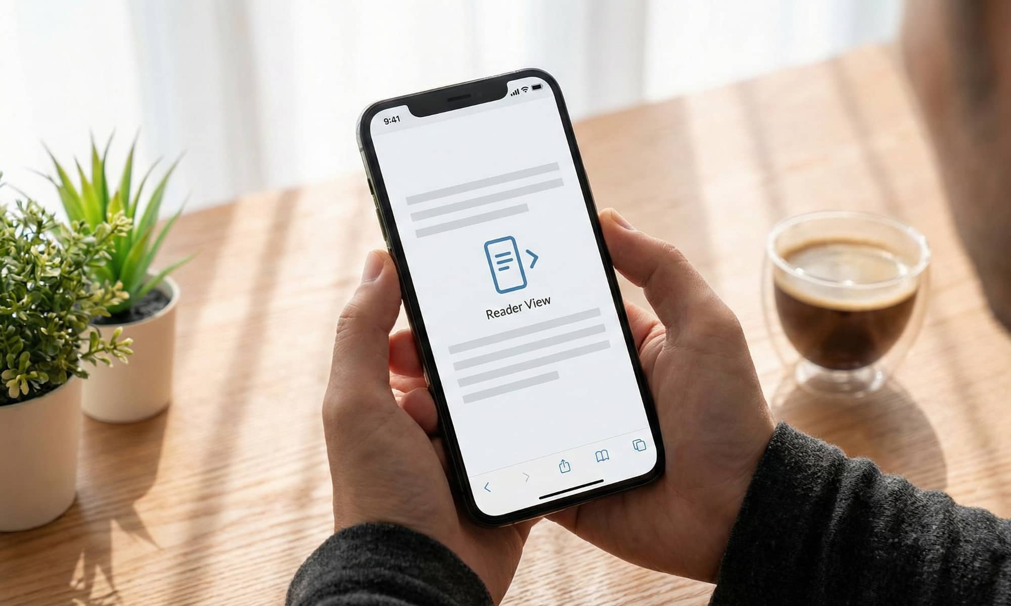 A person holding an iPhone displaying a clean, ad-free Safari web page in a brightly lit, modern home office.