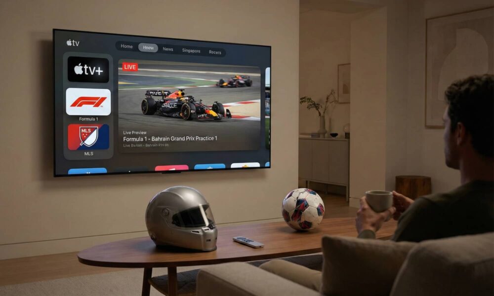 A person watches a 4K TV in a modern living room. The Apple TV app interface is on screen, showing the "Formula 1" and "MLS" channels in the sidebar alongside "Apple TV+," with a racing helmet and a soccer ball resting on a coffee table in the foreground.