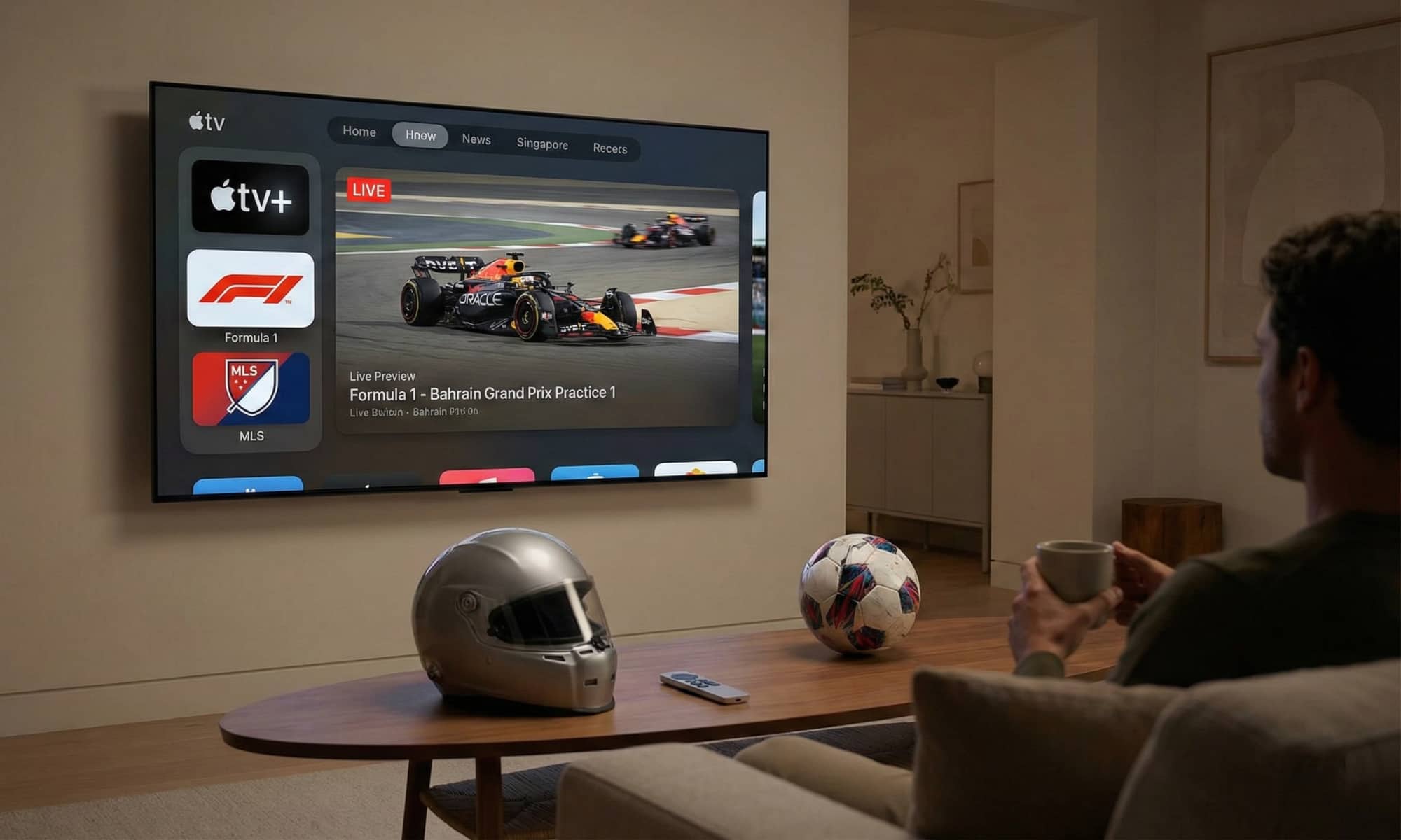 A person watches a 4K TV in a modern living room. The Apple TV app interface is on screen, showing the "Formula 1" and "MLS" channels in the sidebar alongside "Apple TV+," with a racing helmet and a soccer ball resting on a coffee table in the foreground.
