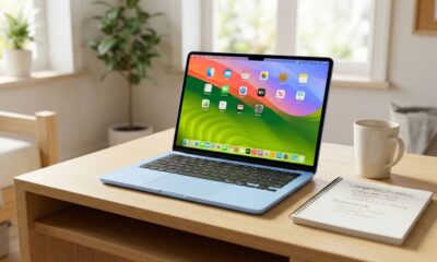 A concept image of a colorful 12.9-inch budget MacBook in pastel blue sitting on a wooden desk in a sunlit student room.