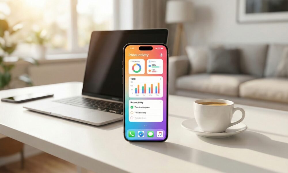 A modern home office desk featuring a MacBook and an iPhone displaying a colorful productivity app in warm, natural light.