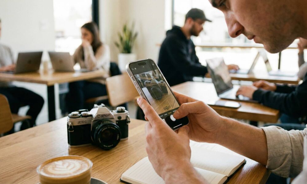 A person in a coffee shop using an iPhone 16 Pro to photograph a vintage camera for an online listing.