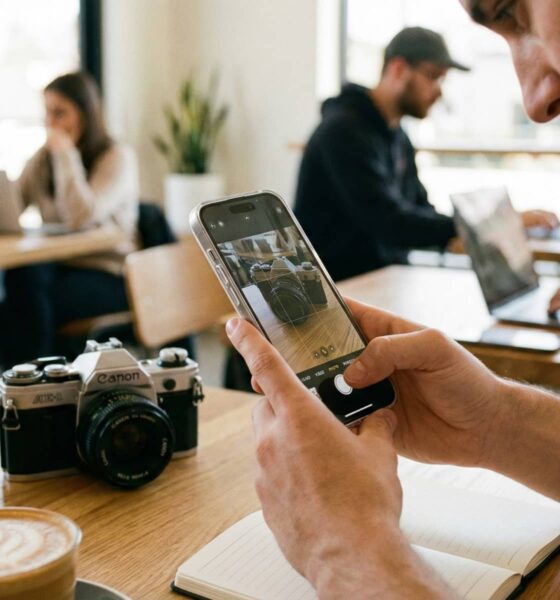 A person in a coffee shop using an iPhone 16 Pro to photograph a vintage camera for an online listing.