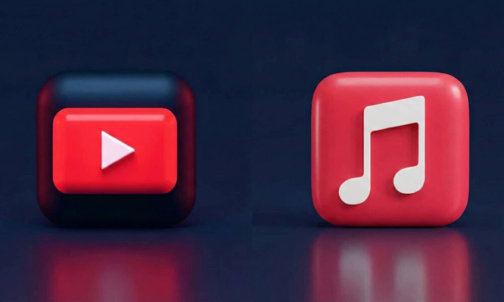 A side-by-side 3D render of the YouTube play button icon and the Apple Music note icon against a unified dark background, illustrating how the services complement each other.