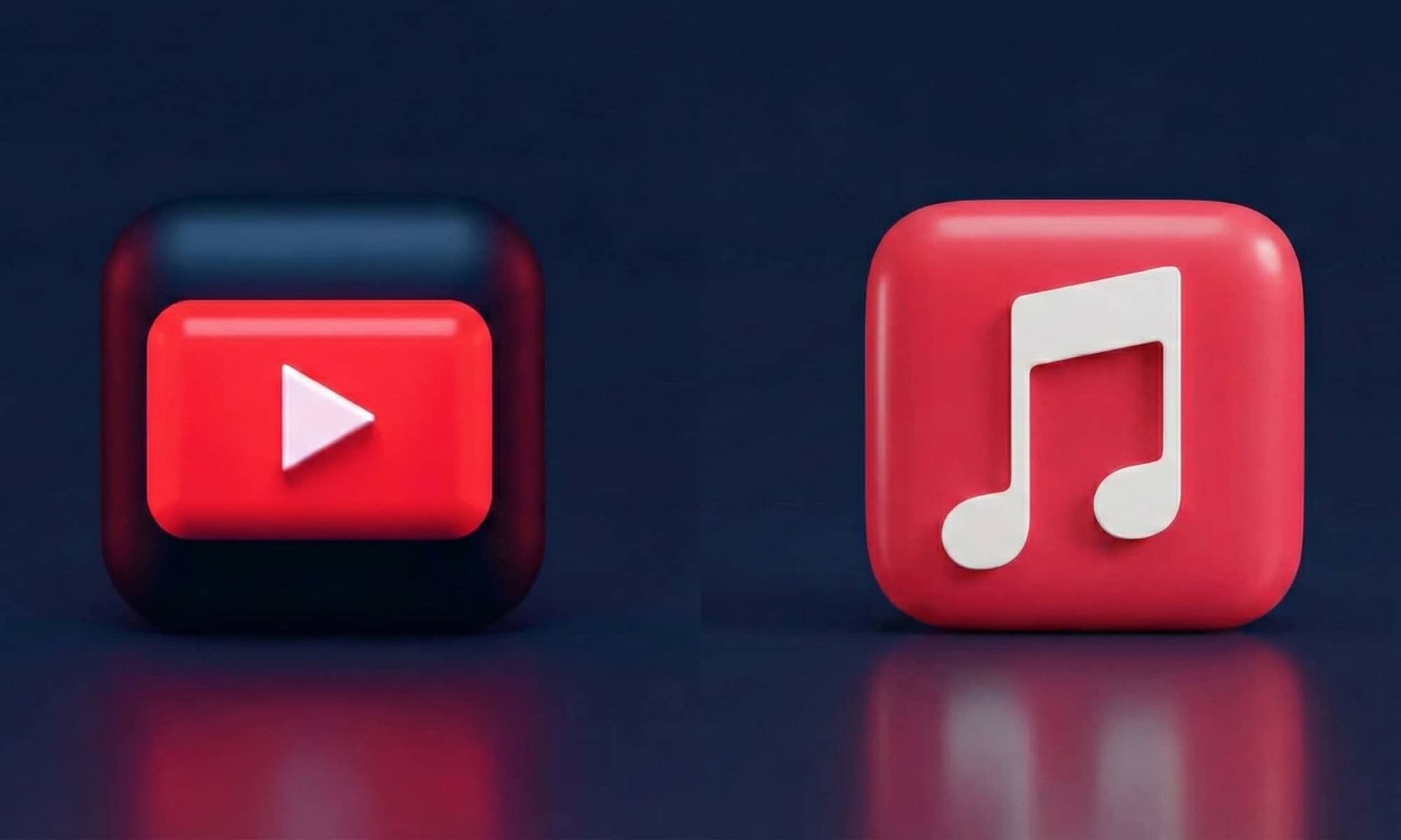 A side-by-side 3D render of the YouTube play button icon and the Apple Music note icon against a unified dark background, illustrating how the services complement each other.