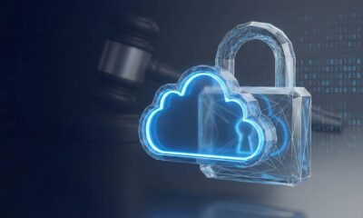 A conceptual 3D illustration featuring a glowing cloud icon protected inside a crystalline padlock, with a judge's gavel silhouetted in the background, representing the legal battle over iCloud encryption and data privacy.
