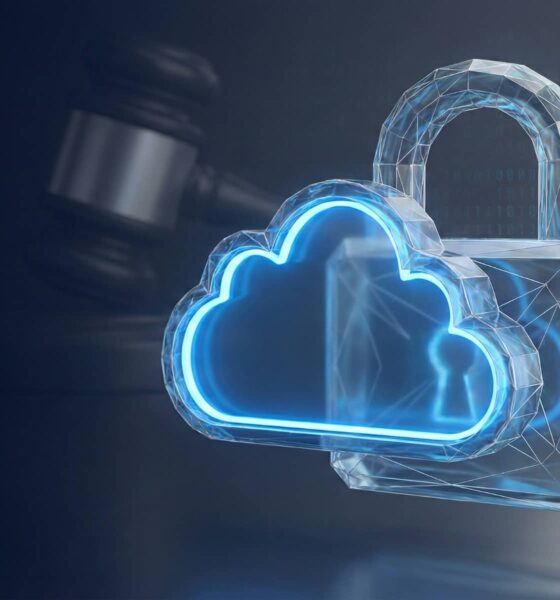 A conceptual 3D illustration featuring a glowing cloud icon protected inside a crystalline padlock, with a judge's gavel silhouetted in the background, representing the legal battle over iCloud encryption and data privacy.