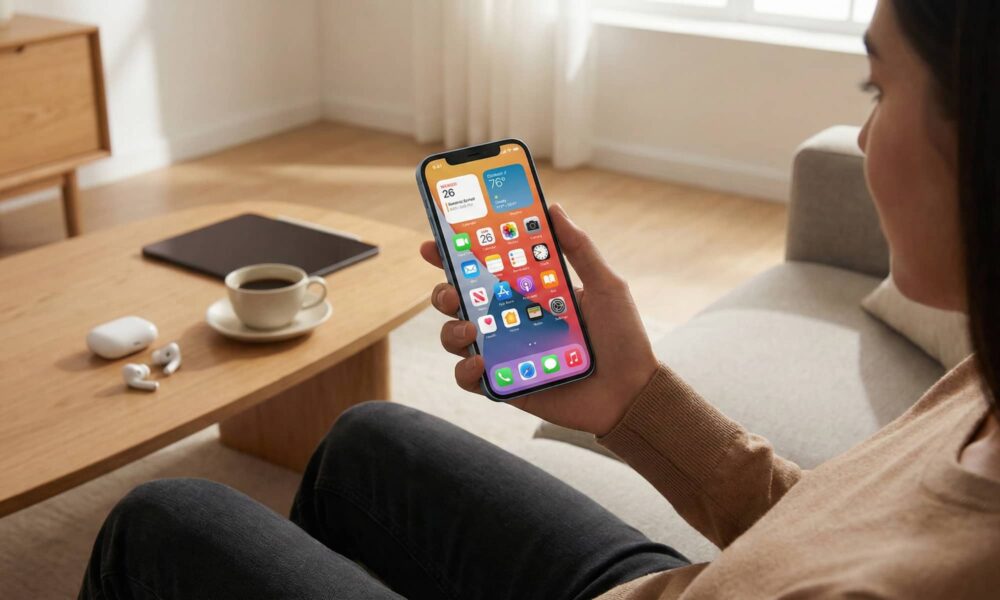 A user holding an iPhone in a modern home setting, reflecting a clean and optimized iOS 26 user experience.