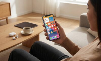 A user holding an iPhone in a modern home setting, reflecting a clean and optimized iOS 26 user experience.