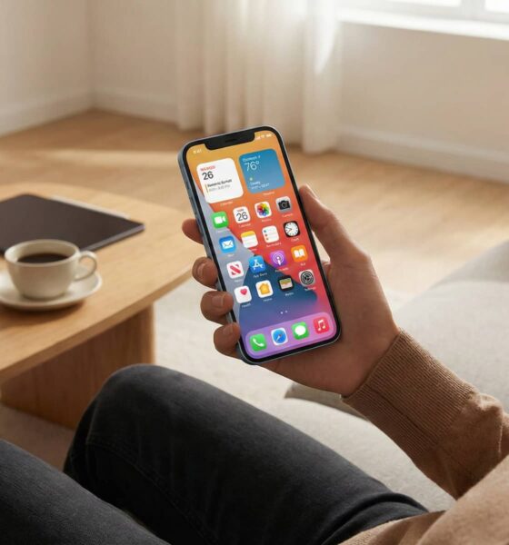 A user holding an iPhone in a modern home setting, reflecting a clean and optimized iOS 26 user experience.