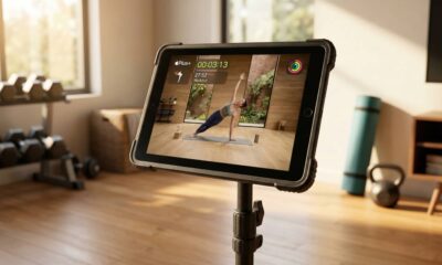 An older iPad Pro on a floor stand being used for an Apple Fitness+ workout in a sunlit home gym.