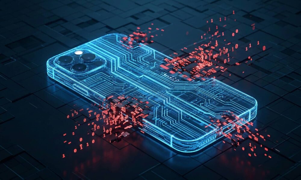 An abstract digital representation of an iPhone silhouette formed by glowing blue data streams, with sections of the data 'leaking' out and dissipating into red, fragmented binary pixels against a dark, moody digital grid background.