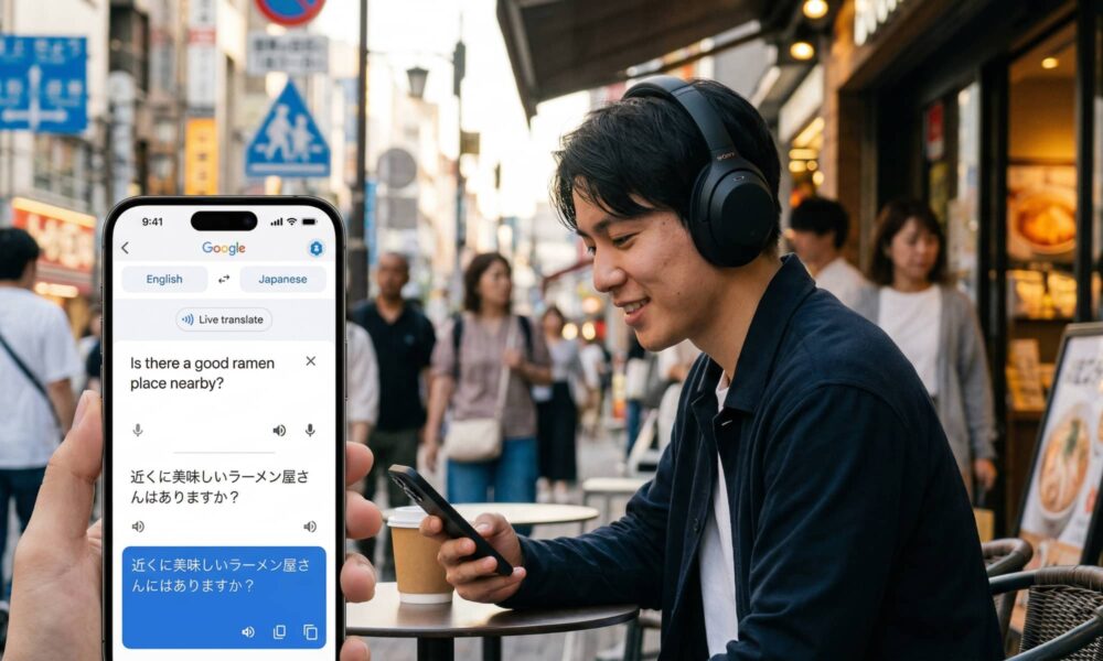 A person wearing black over-ear headphones in a Tokyo street cafe is looking at an iPhone screen which shows the Google Translate app actively translating English into Japanese in "Live translate" mode.