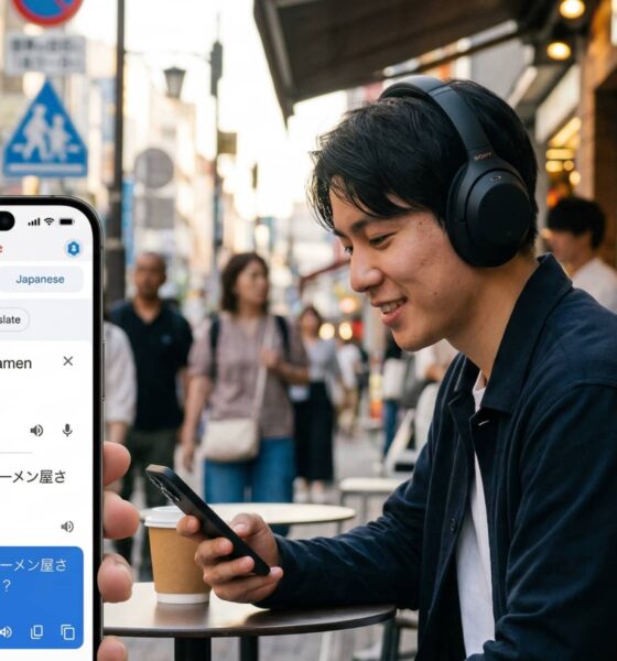 A person wearing black over-ear headphones in a Tokyo street cafe is looking at an iPhone screen which shows the Google Translate app actively translating English into Japanese in "Live translate" mode.