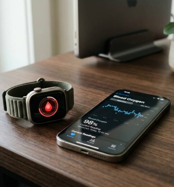 A 2026 Apple Watch and iPhone 17 Pro on a modern desk, showing the Blood Oxygen app and the synced data in the Health app.