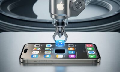 A close-up photograph of a futuristic mechanical arm (branded Apple) using a precision tool to lift a blue Music app icon off an iPhone 17 screen, leaving a dark void, visualizing Apple's legal right to remove apps with 'no cause required.'