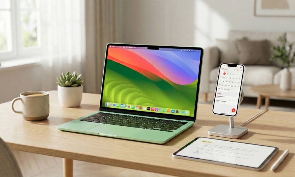A colorful new MacBook and an iPhone 17e on a desk, illustrating Apple's expected spring 2026 product launches.
