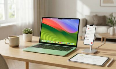 A colorful new MacBook and an iPhone 17e on a desk, illustrating Apple's expected spring 2026 product launches.