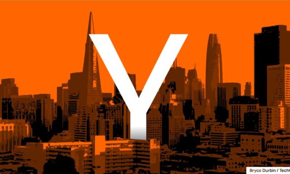 Large white "Y" overlaid on an orange-tinted skyline of San Francisco