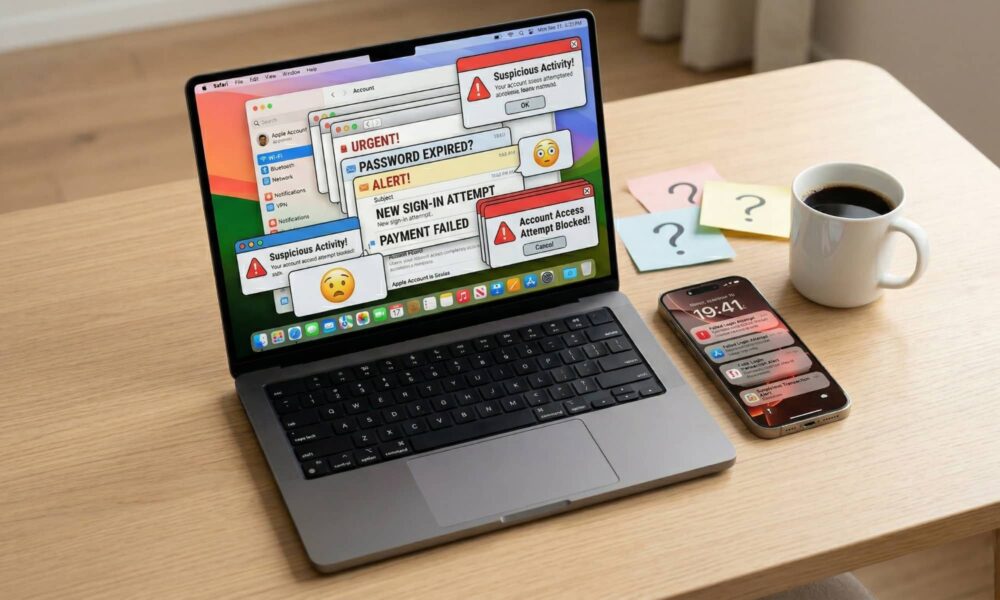 A high-quality lifestyle photograph of a MacBook and iPhone on a clean desk, both screens covered by a chaotic, colorful cascade of illustrative overlapping security alerts and a flood of simulated 'urgent' email notifications, visualizing the 'Panic! at the Inbox' concept.