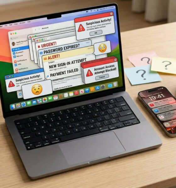 A high-quality lifestyle photograph of a MacBook and iPhone on a clean desk, both screens covered by a chaotic, colorful cascade of illustrative overlapping security alerts and a flood of simulated 'urgent' email notifications, visualizing the 'Panic! at the Inbox' concept.