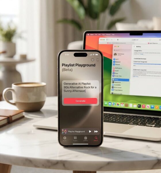 A lifestyle shot of an iPhone 17 Pro and a MacBook Air M4 on a marble coffee table. The iPhone shows the new "Playlist Playground" AI interface, while the MacBook display subtly shows the macOS Tahoe desktop.