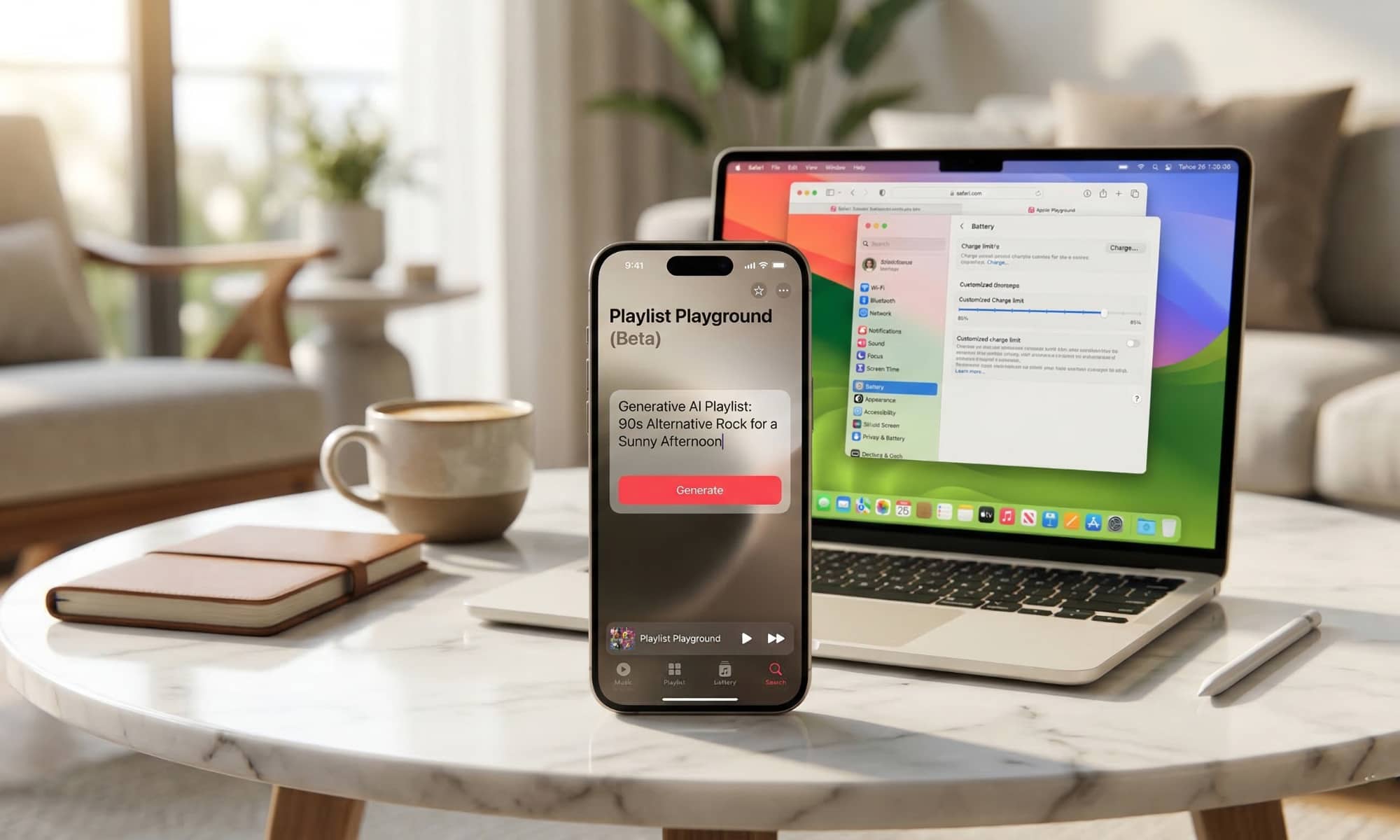 A lifestyle shot of an iPhone 17 Pro and a MacBook Air M4 on a marble coffee table. The iPhone shows the new "Playlist Playground" AI interface, while the MacBook display subtly shows the macOS Tahoe desktop.