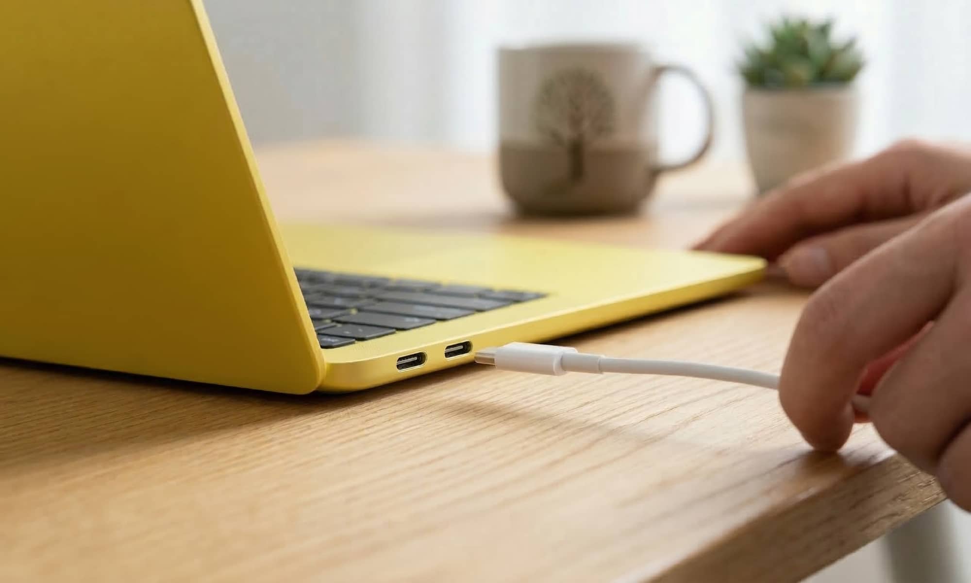 A close-up view of a 'Citrus' yellow MacBook Neo as a white USB-C charging cable is plugged into the single port on its left side. Natural light makes the yellow finish glow.