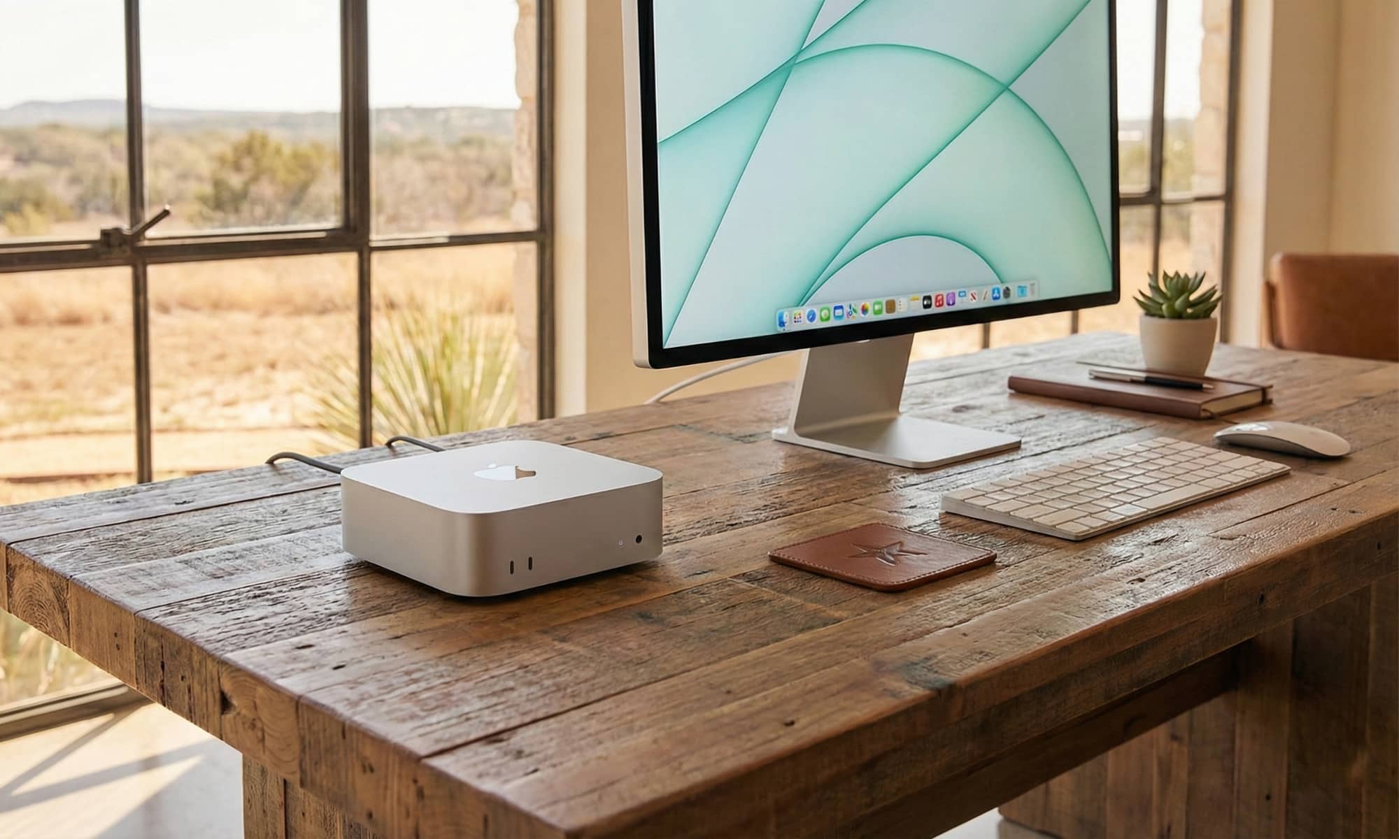 A silver Apple Mac mini sits on a rustic wooden desk in a sunlit home office with a large window overlooking a Texas landscape. A monitor, keyboard, mouse, and a leather coaster with a star emblem are also on the desk.