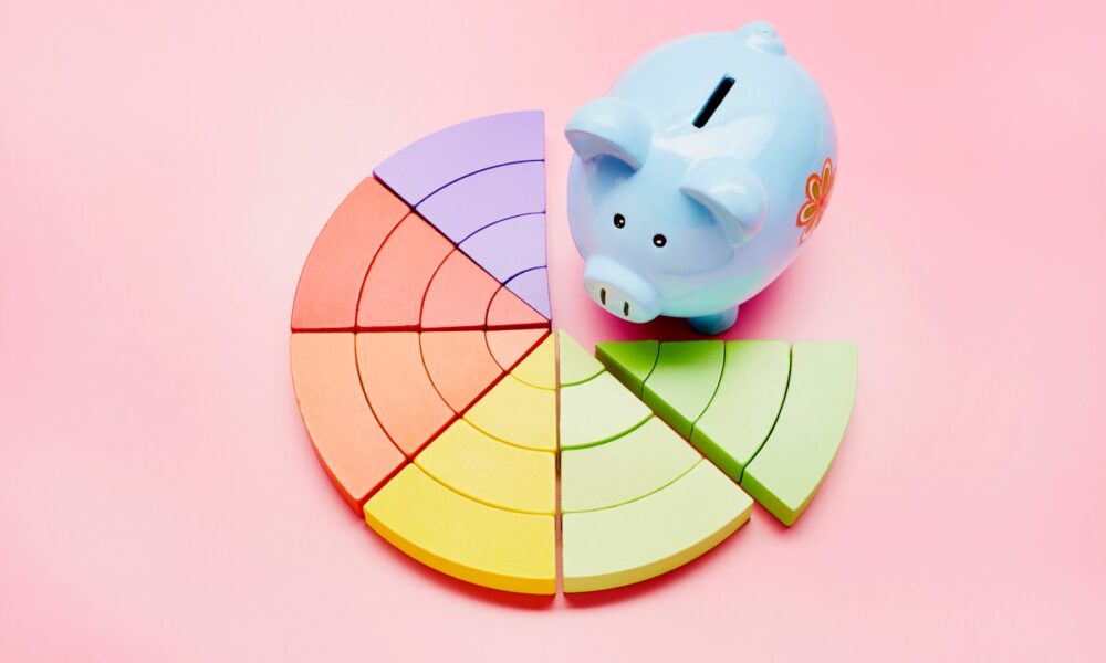 High angle view of a piggy bank and colorful pie chart on pink background; cash flow analysis
