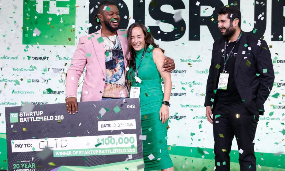 Kevin A. Damoa, Founder & CEO, Glīd, Claire Kroft and Ankit Malhotra, winners of the Startup Battlefield 2025, pose onstage during day three of TechCrunch Disrupt 2025 at Moscone Center on October 29, 2025 in San Francisco, California.
