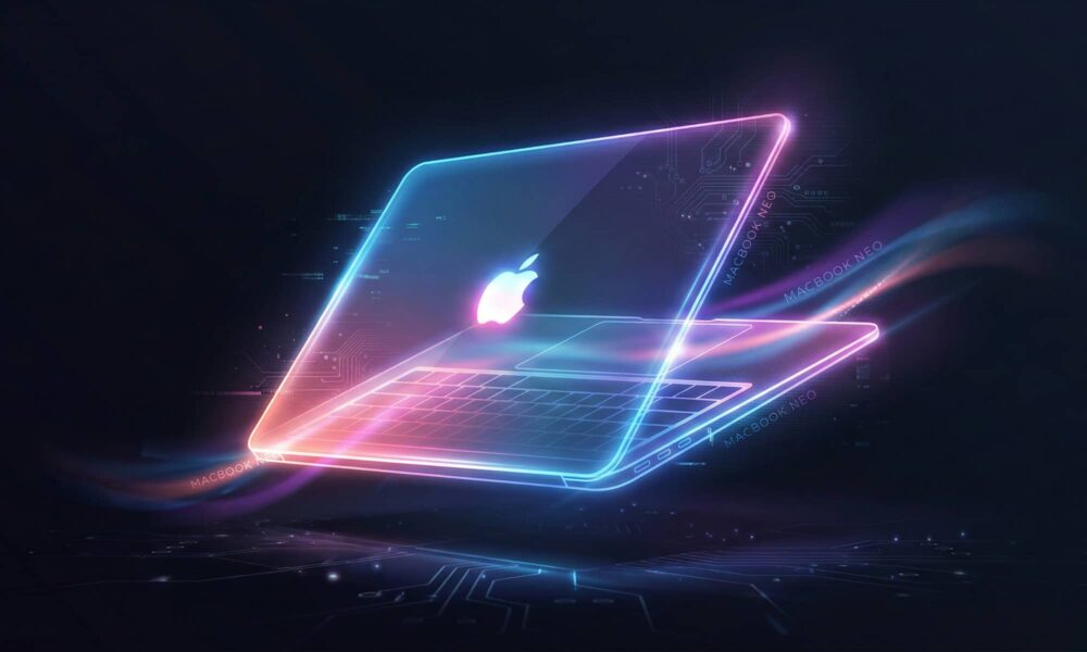 An abstract, futuristic rendering of a thin MacBook silhouette glowing with vibrant neon pink, electric blue, and purple light against a dark background, symbolizing the leaked 'MacBook Neo' name and concept.