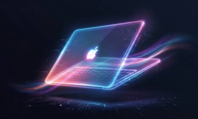 An abstract, futuristic rendering of a thin MacBook silhouette glowing with vibrant neon pink, electric blue, and purple light against a dark background, symbolizing the leaked 'MacBook Neo' name and concept.