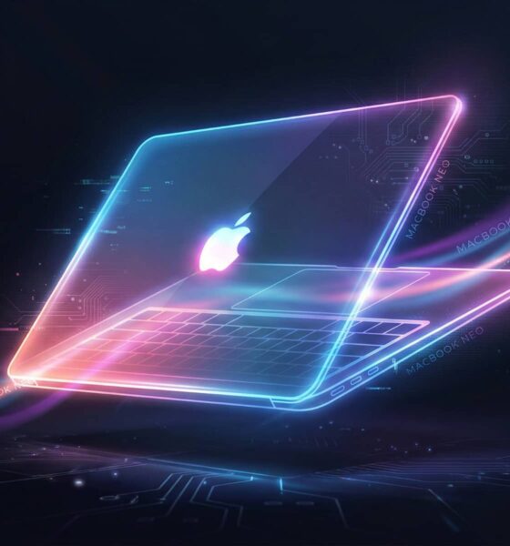 An abstract, futuristic rendering of a thin MacBook silhouette glowing with vibrant neon pink, electric blue, and purple light against a dark background, symbolizing the leaked 'MacBook Neo' name and concept.