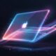 An abstract, futuristic rendering of a thin MacBook silhouette glowing with vibrant neon pink, electric blue, and purple light against a dark background, symbolizing the leaked 'MacBook Neo' name and concept.