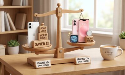 A conceptual 3D illustration of a whimsical wooden balance scale comparing the iPhone 16e (weighted down by blocks reading 'Saved $!' and 'Works Great!') against the iPhone 17e (holding upgrade icons like an A19 chip and MagSafe) on a cozy office desk.