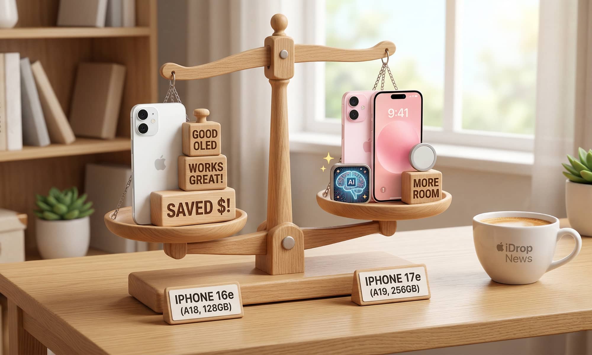 A conceptual 3D illustration of a whimsical wooden balance scale comparing the iPhone 16e (weighted down by blocks reading 'Saved $!' and 'Works Great!') against the iPhone 17e (holding upgrade icons like an A19 chip and MagSafe) on a cozy office desk.