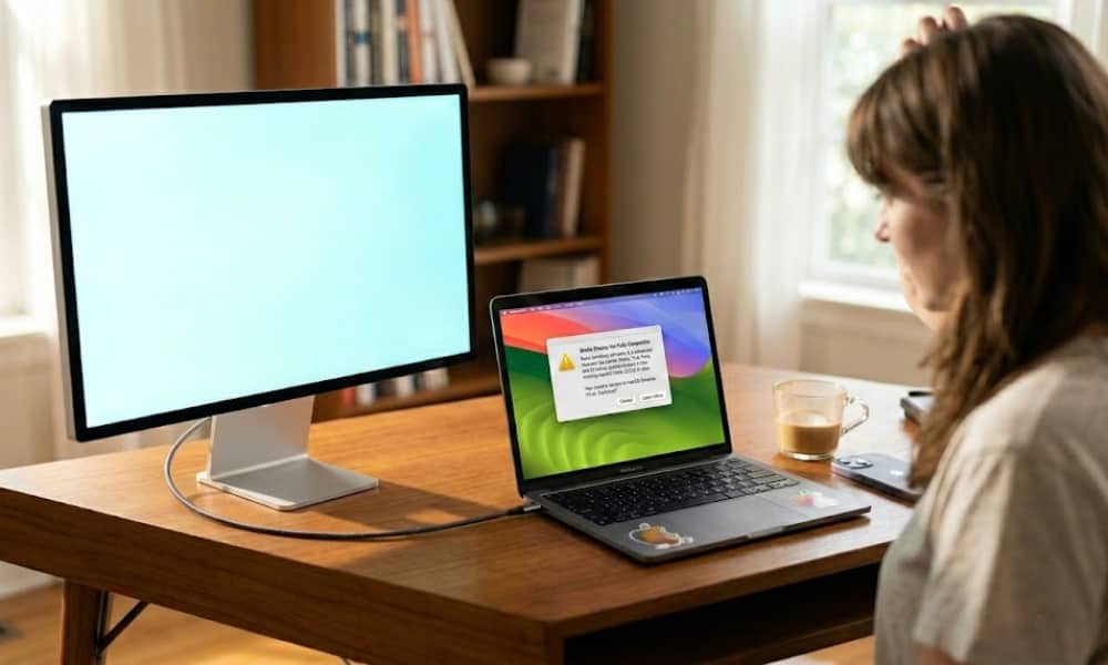 A sleek 2026 Apple Studio Display sits on a modern wooden desk next to an older MacBook Pro in a bright, sunlit home office.